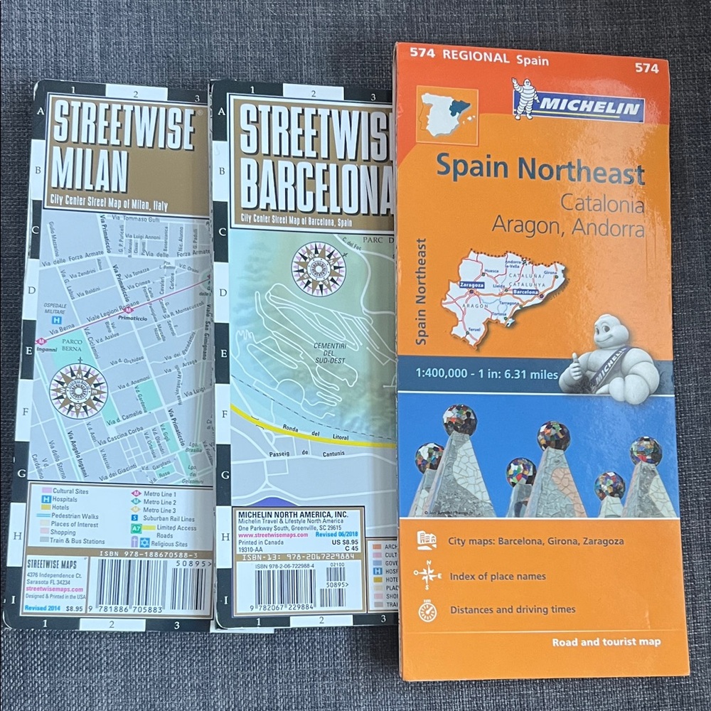 3 maps Barcelona, Milan and Northeast Spain